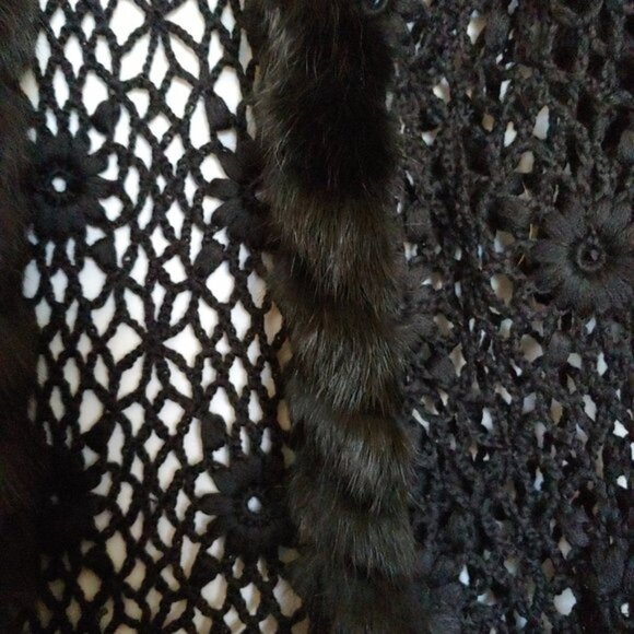 Ruby Cho Black Floral Knitted Faux Fur Sweater Sequin Open Front Romantic XL - Picture 11 of 16